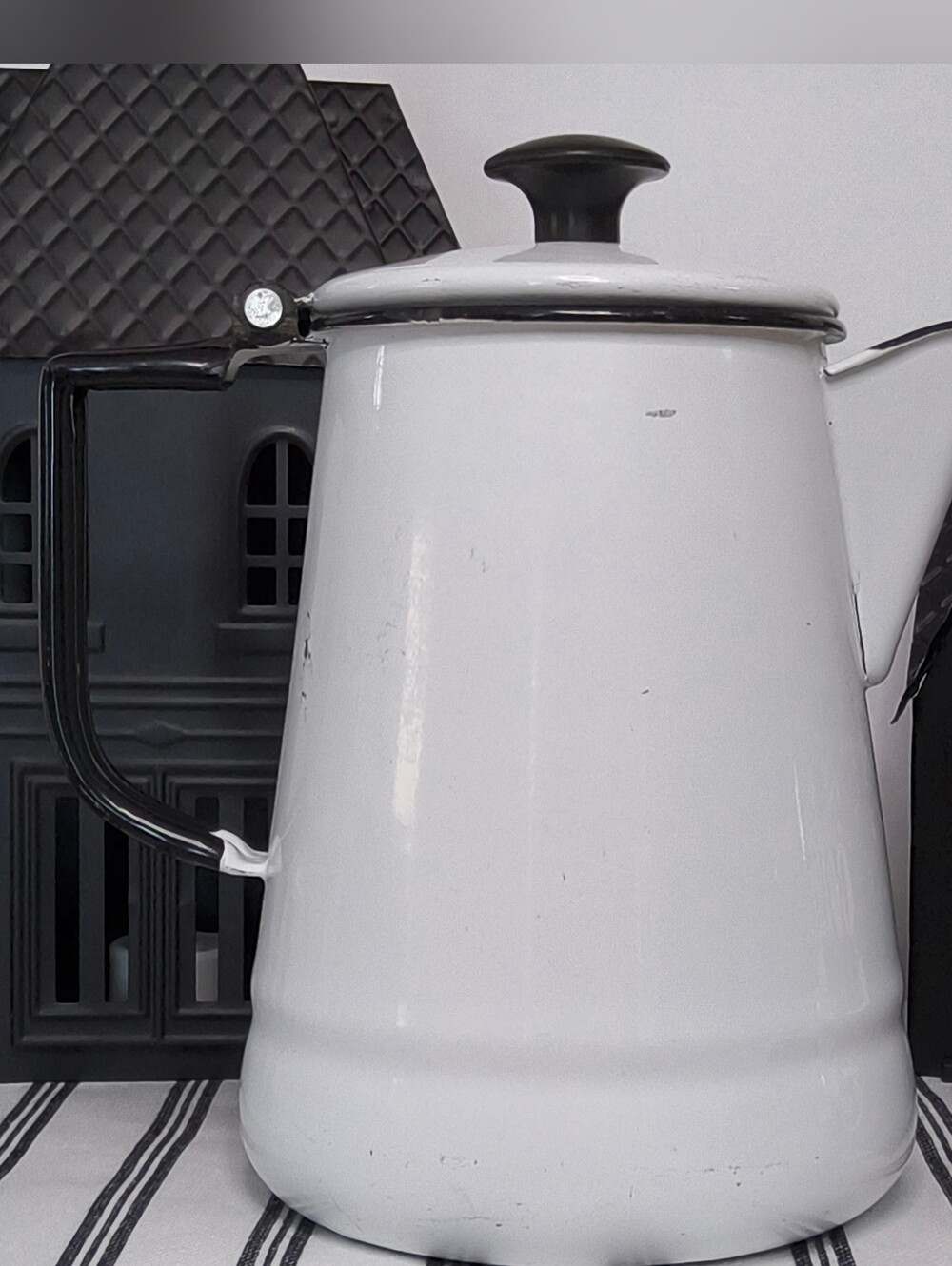 Vintage White Black Enamelware Coffee Pot Halloween Farmhouse Western Decor